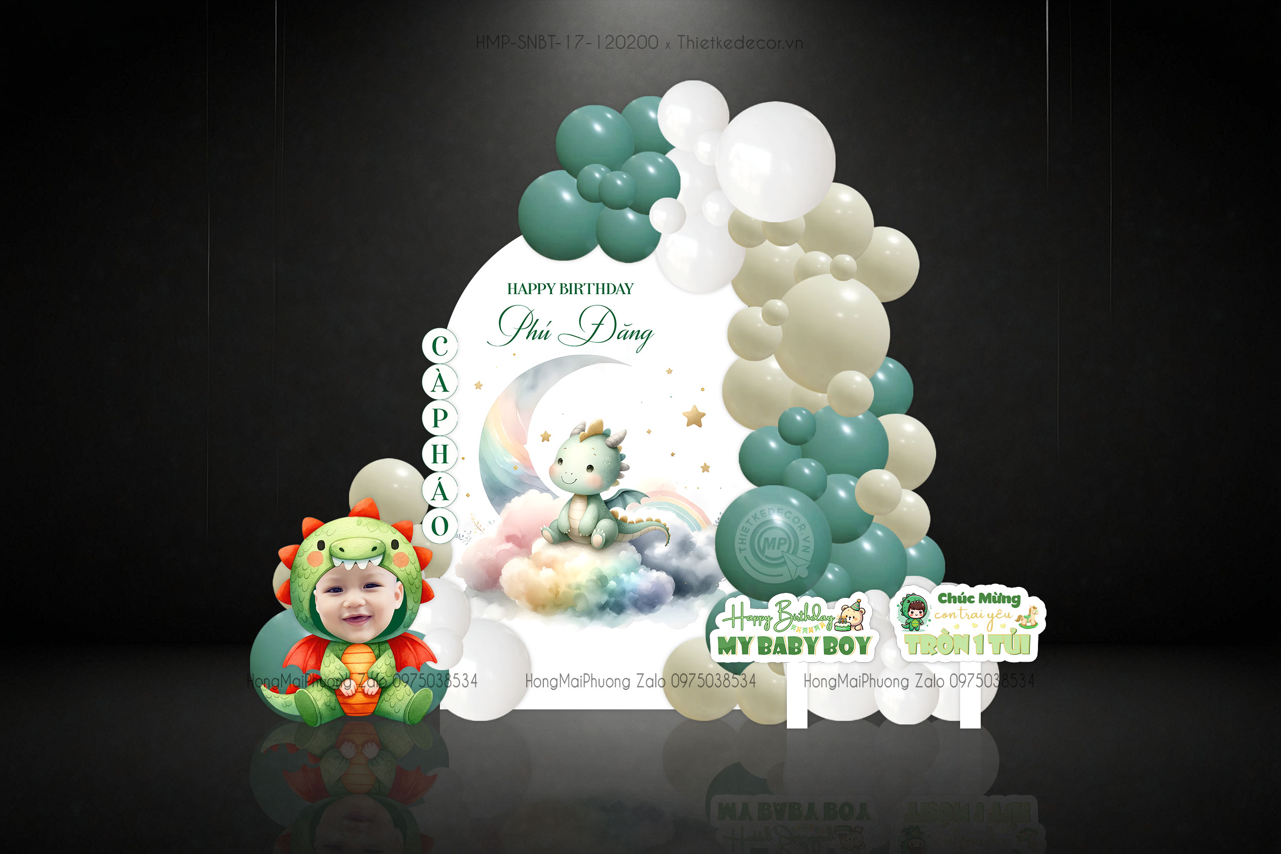 Sinh nhật bé trai tuổi rồng tone xanh lá